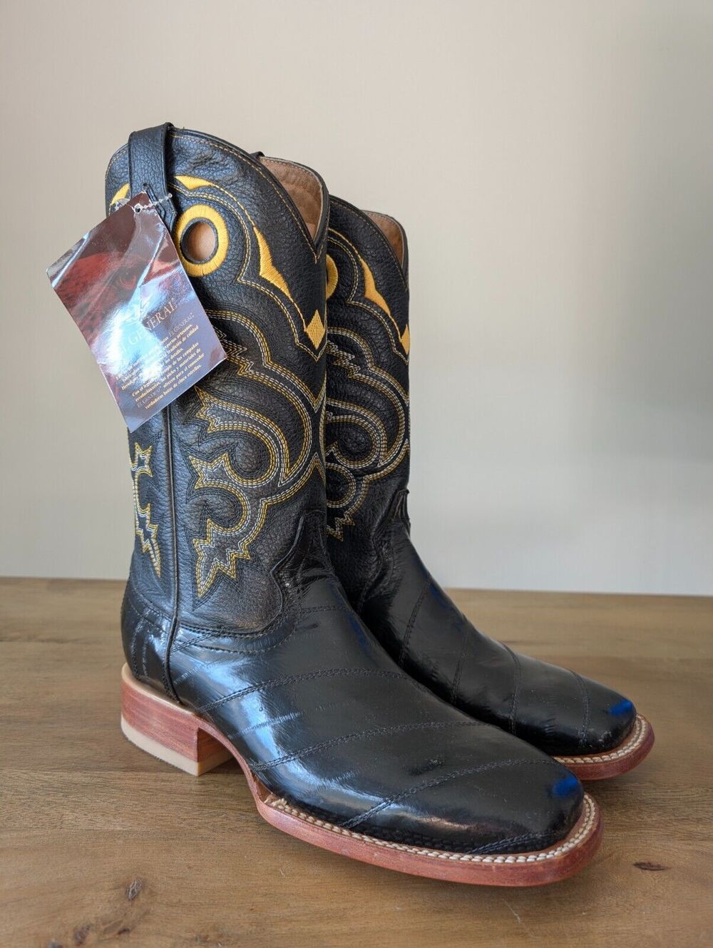 El General Western Boots Mens Size 7.5 Black Genuine Leather Exotic Square Toe